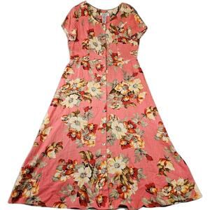 Vtg Clues Collection Dress Womens 14 Linen Blend Button Floral Coral Cottagecore